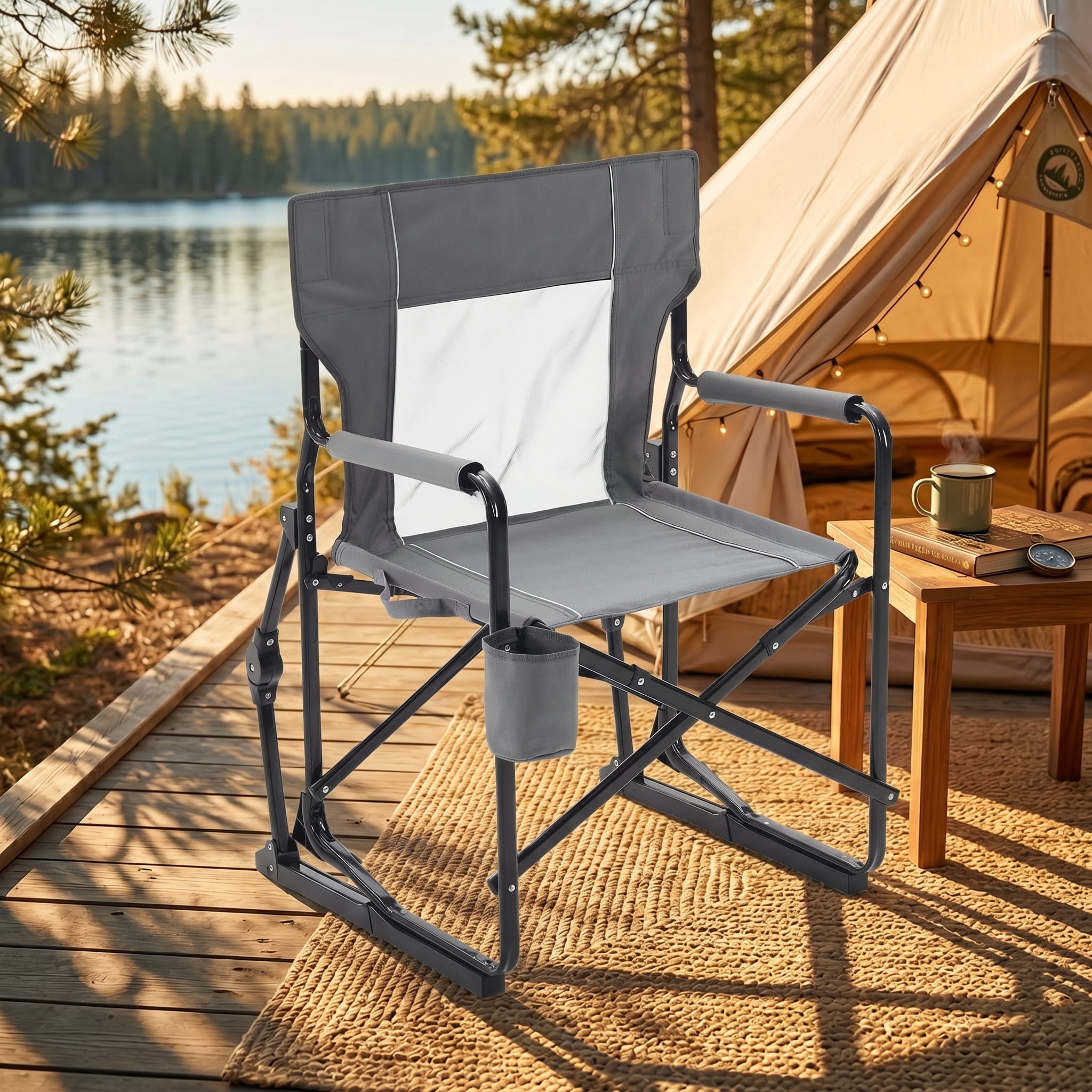 LIFERECORD Outdoor Rocker Camping Chair, Portable Folding Rocking Chair,Waterproof Cup Holder, Mesh Back for Patio Beach Sports Events