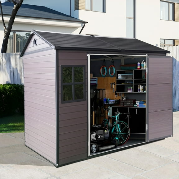 8x6 FT Resin Storage Sheds Outdoor with Floor, 2 Windows & Lockable Door Storage Shed - Waterproof Garden Tool Shed, Patio & Backyard Tool Storage Cabinet Use - Brown