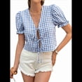 thumbnail image 2 of Blusa de Verano con Cuello en V, Mangas Abullonadas y Puños Elásticos para Mujer. Azul L, 2 of 10