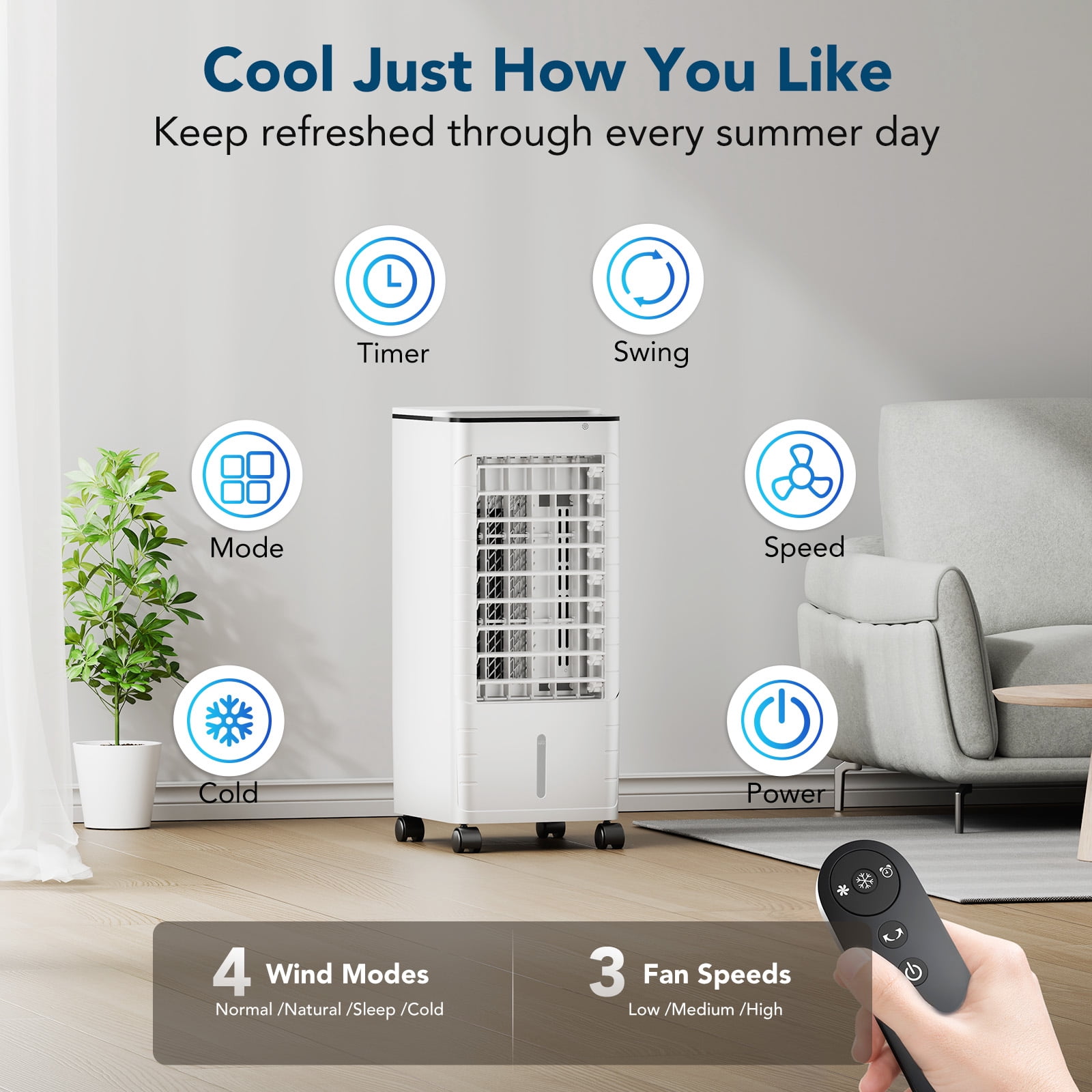 Windowless Portable Air Conditioner, 3-IN-1 Portable AC, Remote, 12H Timer &1.16Gal Tank, 45° Oscillation, 3 Modes & Speeds, Fast Cooling Quiet Ventless Swamp Cooler for Home Office, Ivory