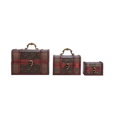 Vintage Wooden Embossed Flower Pattern Jewelry Treasure Box Storage Organizer Trinket Keepsake Chest Pack of 3