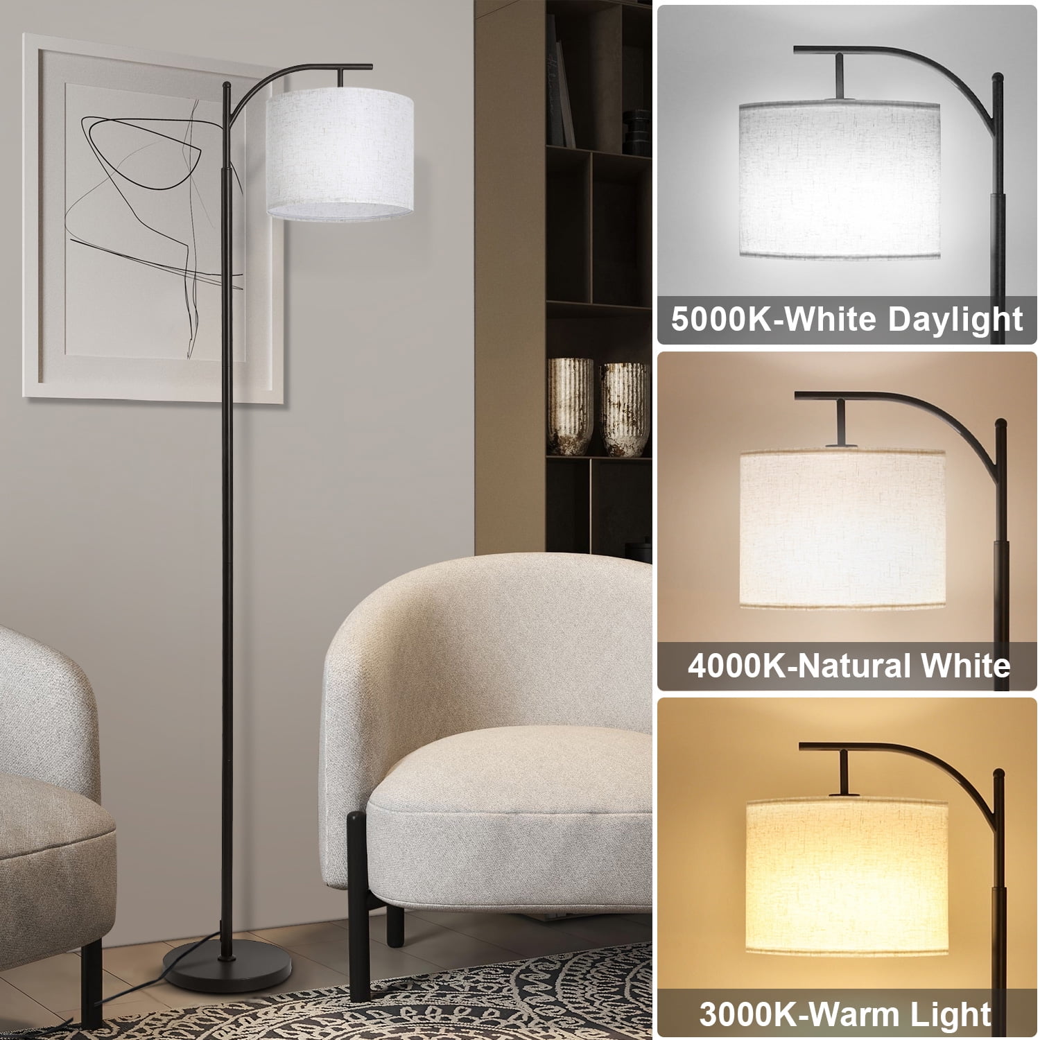 Vesteel Floor Lamp, Standing Lamp with 3 Color Temperatures LED Bulb & Lampshade, Arch Farmhouse Lamp for Living Room Bedroom Office