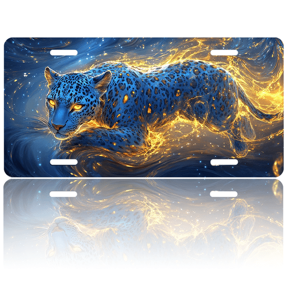 1 Pcs 2D Flat License Plate Covers & Frames, Blue Leopard with Flames For Decorative Front, Waterproof For Decoration Aluminum License Plate Covers & Frames Cover For Men Women, 12" X 6"