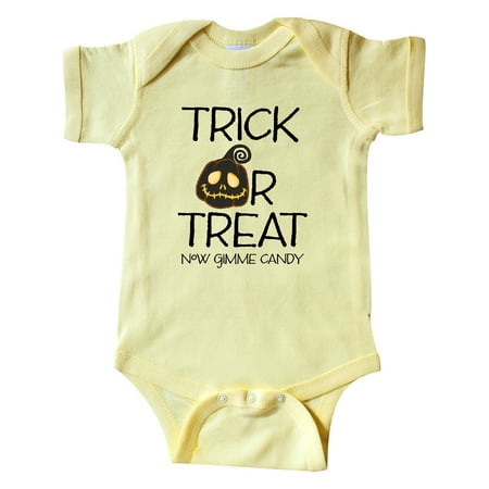

Inktastic Trick or Treat Now Gimme Candy with Halloween Pumpkin Gift Baby Boy or Baby Girl Bodysuit