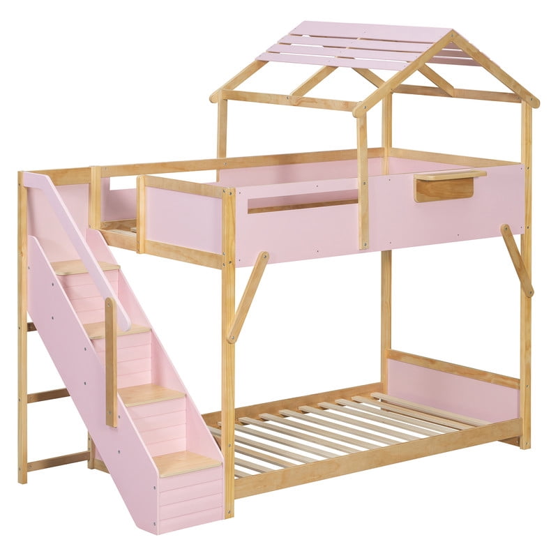 Twin Over Twin House Bunk Bed with Stairs, 3-Color LED Lights and Storage Shelf, Wooden Bunk Bed Frame with Guardrails and Roof Frame for Kids Bedroom