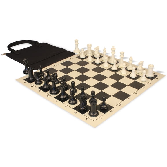Conqueror Easy-Carry Plastic Chess Set Black & Ivory Pieces with Vinyl Rollup Board - Black