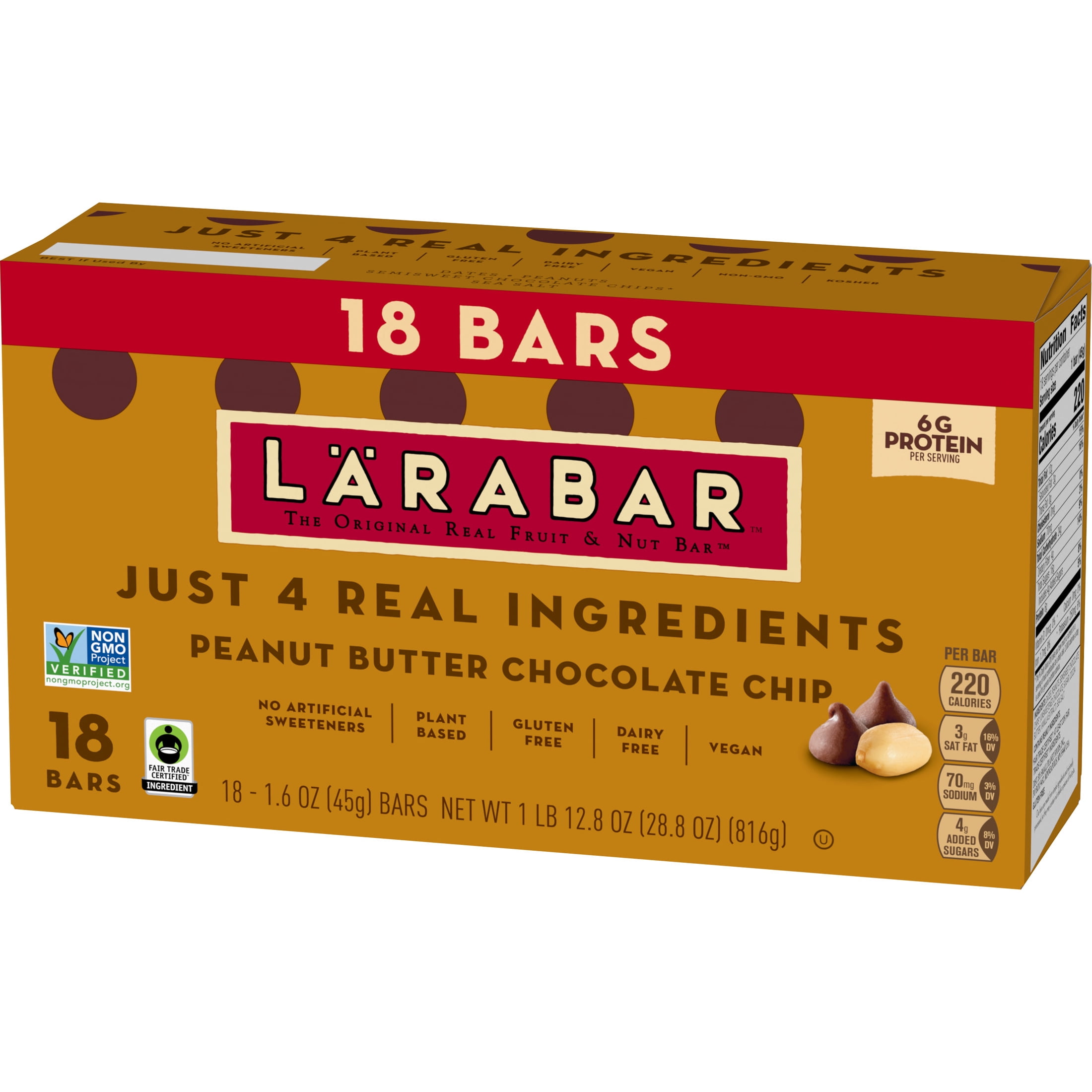 (4 pack) Larabar Peanut Butter Chocolate Chip, Fruit and Nut Bars, Gluten Free, Vegan, 18 Count, 28.8 oz