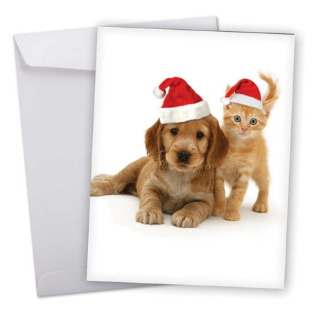 J6596HXSG Jumbo Merry Christmas Card: 'Copy Cats' Featuring¬†an Adorable Golden Puppy and Orange Tabby Kitten¬†¬†in Matching Santa's Hats for Christmas Greeting Card with Envelope by The Best Card