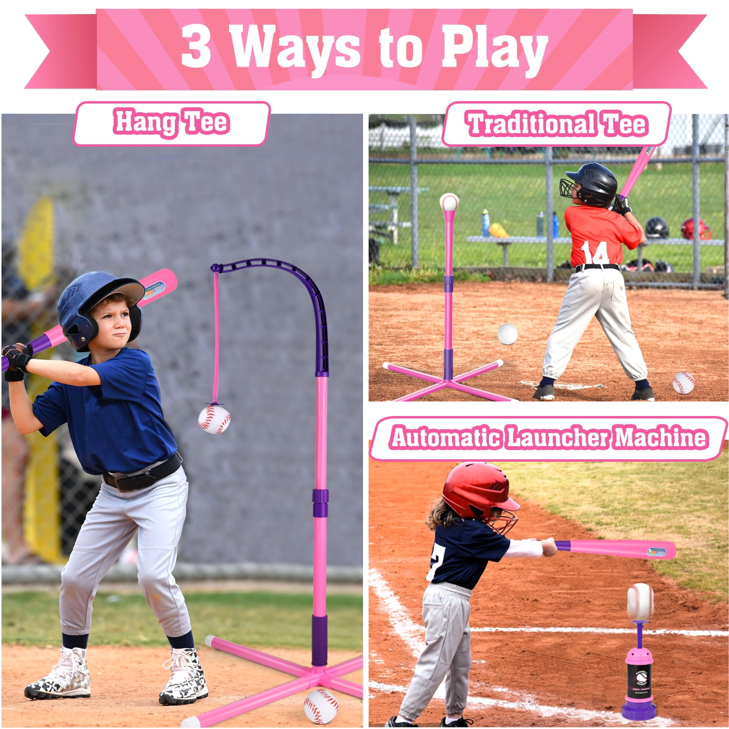 Beefunni 3-in-1 Baseball Set for Toddlers Kids 3-8 - Tee Ball Stand, Hanging Tee, Ball Launcher and 6 Baseballs -  Indoor/Outdoor Sport Gifts for Boys (Pink&Purple)