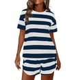 thumbnail image 3 of BiZtdJrK Navy Casual Pajama Sets for Women Striped Crew Neck Short Sleeve Tops Side Split Pj Shorts 2 Piece Set Fashion Summer Outfits XL, 3 of 10