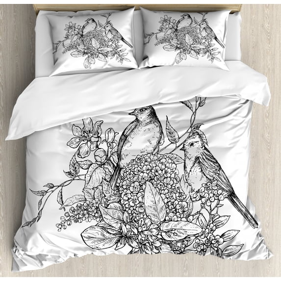 Botanical Duvet Cover Set Queen Size, Floral Monotone Composition of Flowers Bouquet Branches and Birds, Decorative 3 Piece Bedding Set with 2 Pillow Shams, Charcoal Grey and White, by Ambesonne