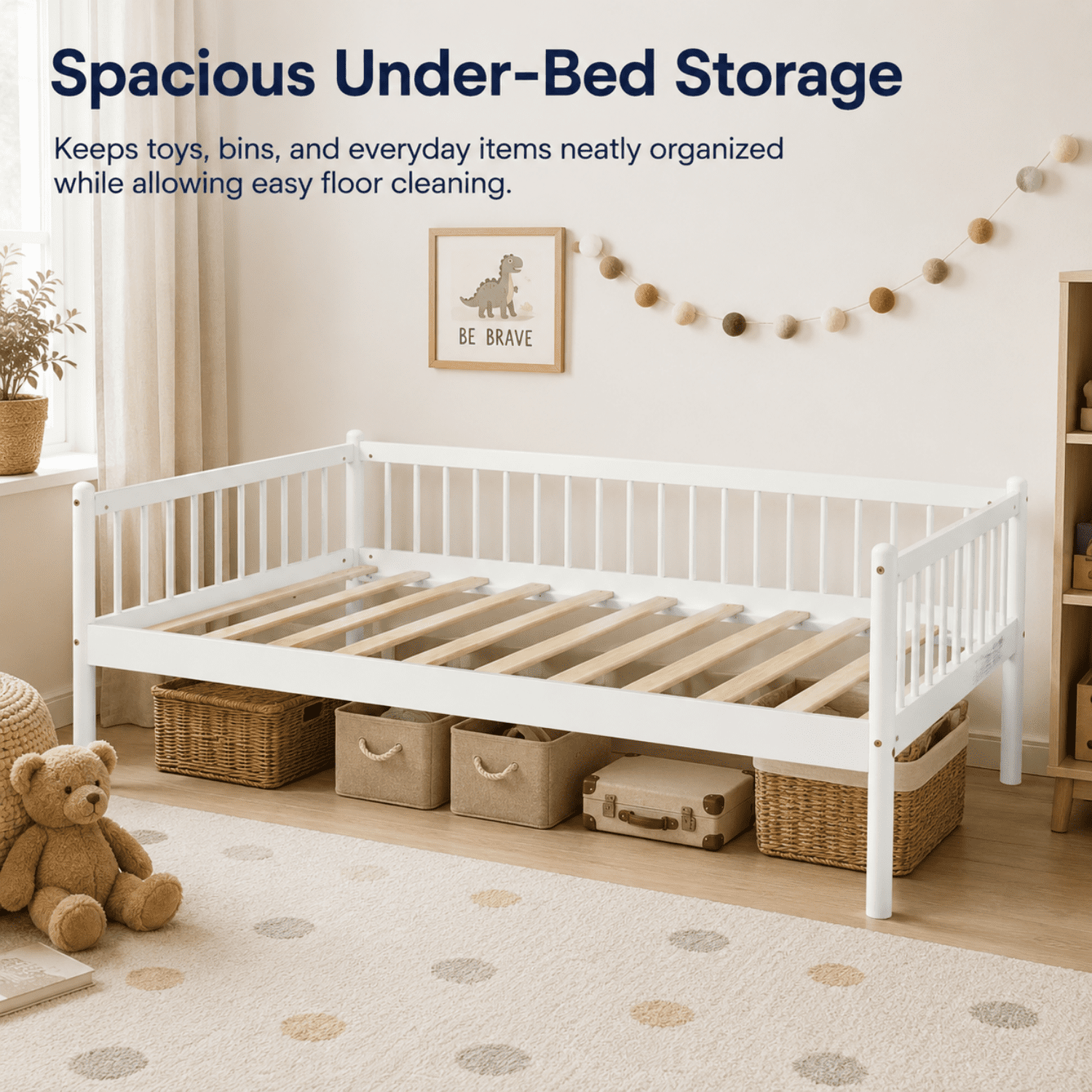 Miniyam Twin Wooden Daybed with Spindle Guardrails, Solid Pine Wood Bed Frame, White