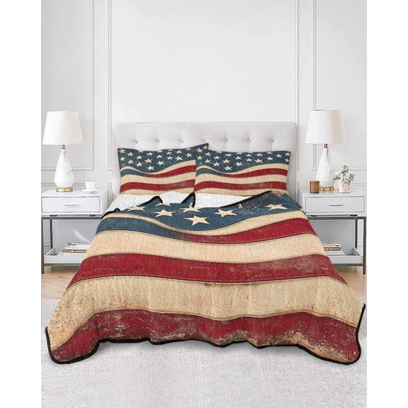Quilts Queen Size, Vintage American Flag Soft Comforter Bedding Set for Bed, Blue Red White Star US Flag Lightweight Quilted Bedspread with Pillow Cover(2 Pieces) for All Season, 90x96 Inch
