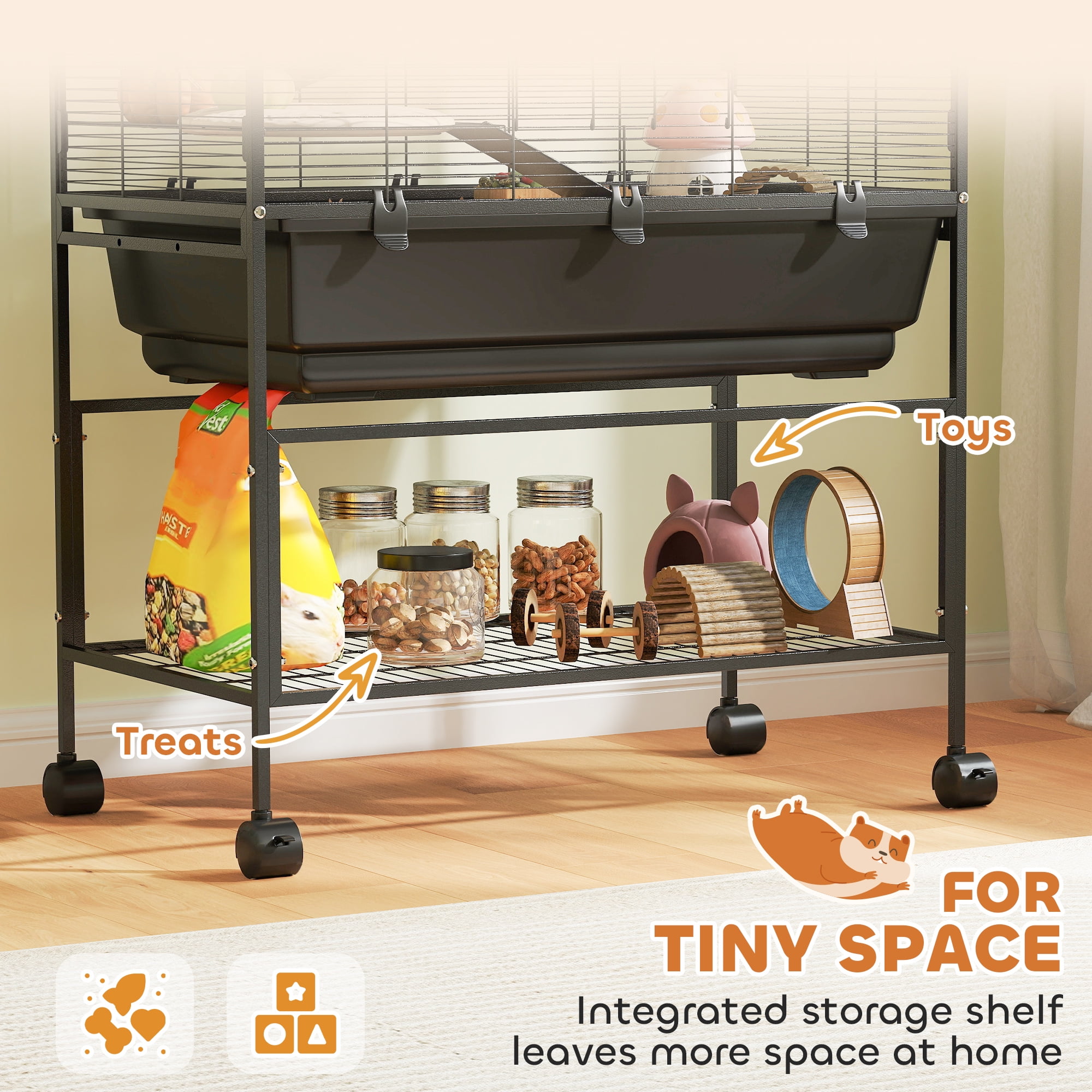 PawHut Hamster Cage, 5 Tier Rolling Rat Cage with Deep Tray, Storage Shelf, Big Exercise Wheel, Hut, Tube System, for Syrian, Gerbil, Mouse