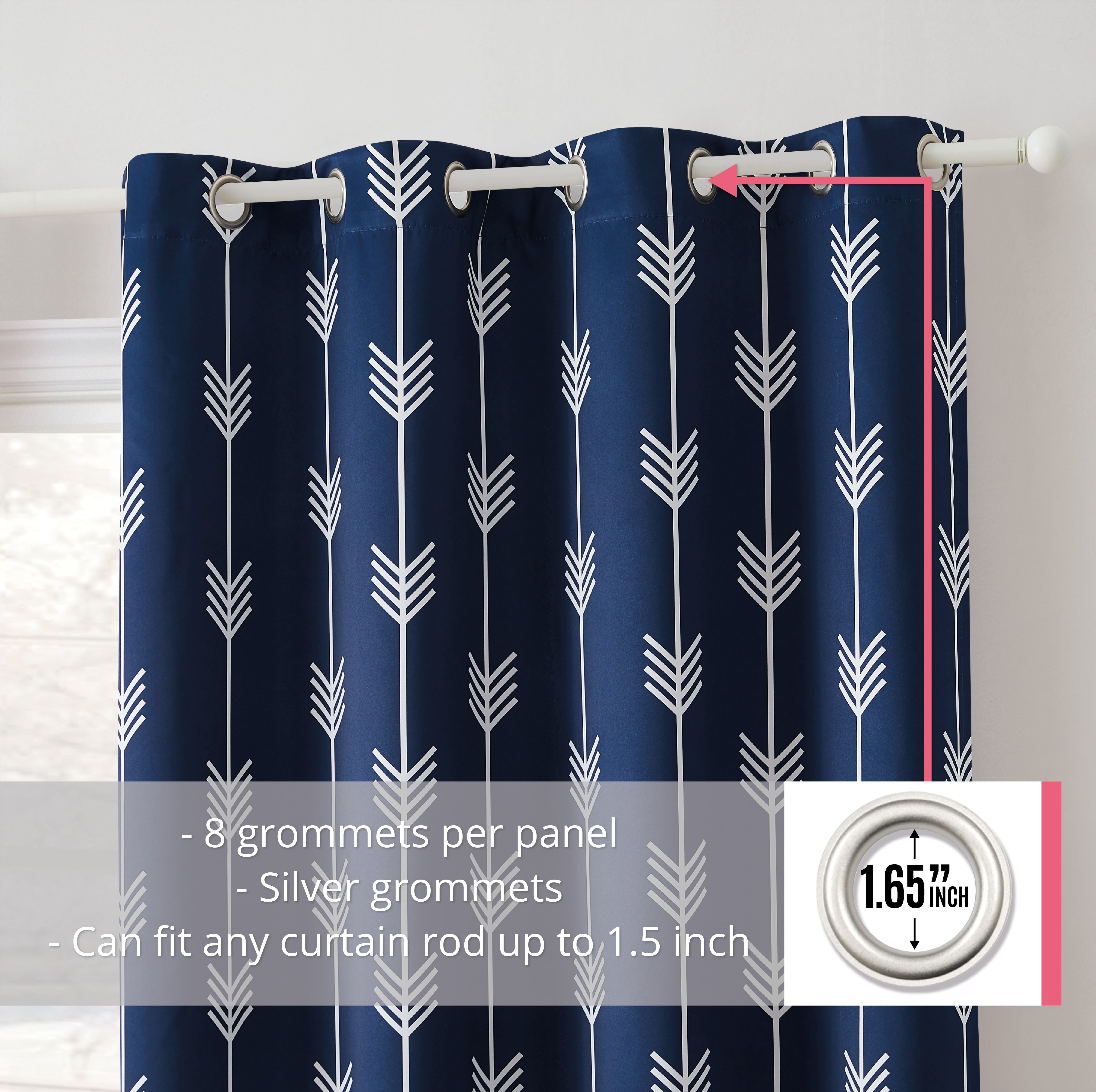 THD Arrow Printed Blackout Room Darkening Thermal Grommet Window Curtain Drape Panels for Living Room - Set of 2 - Navy Blue - 63" inch Long