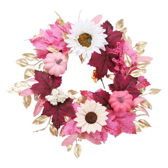 Artificial Fall Wreath Handmade Thanksgiving Day Wreaths with Pink White Flower Autumn Harvest Door Wreath for Indoor Outdoor Wall Decoration