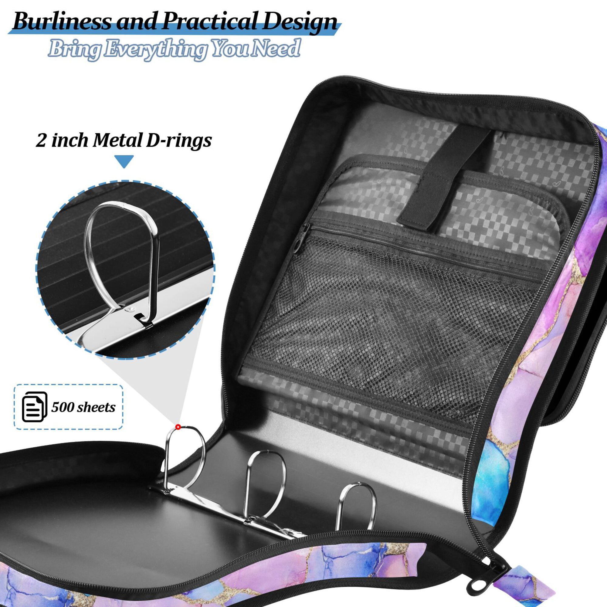 FORMRS Zipper Binder with Shoulder Strap 2-inch Ring 500 Sheet Capacity File Bag, Pastel Pink Marble Pattern