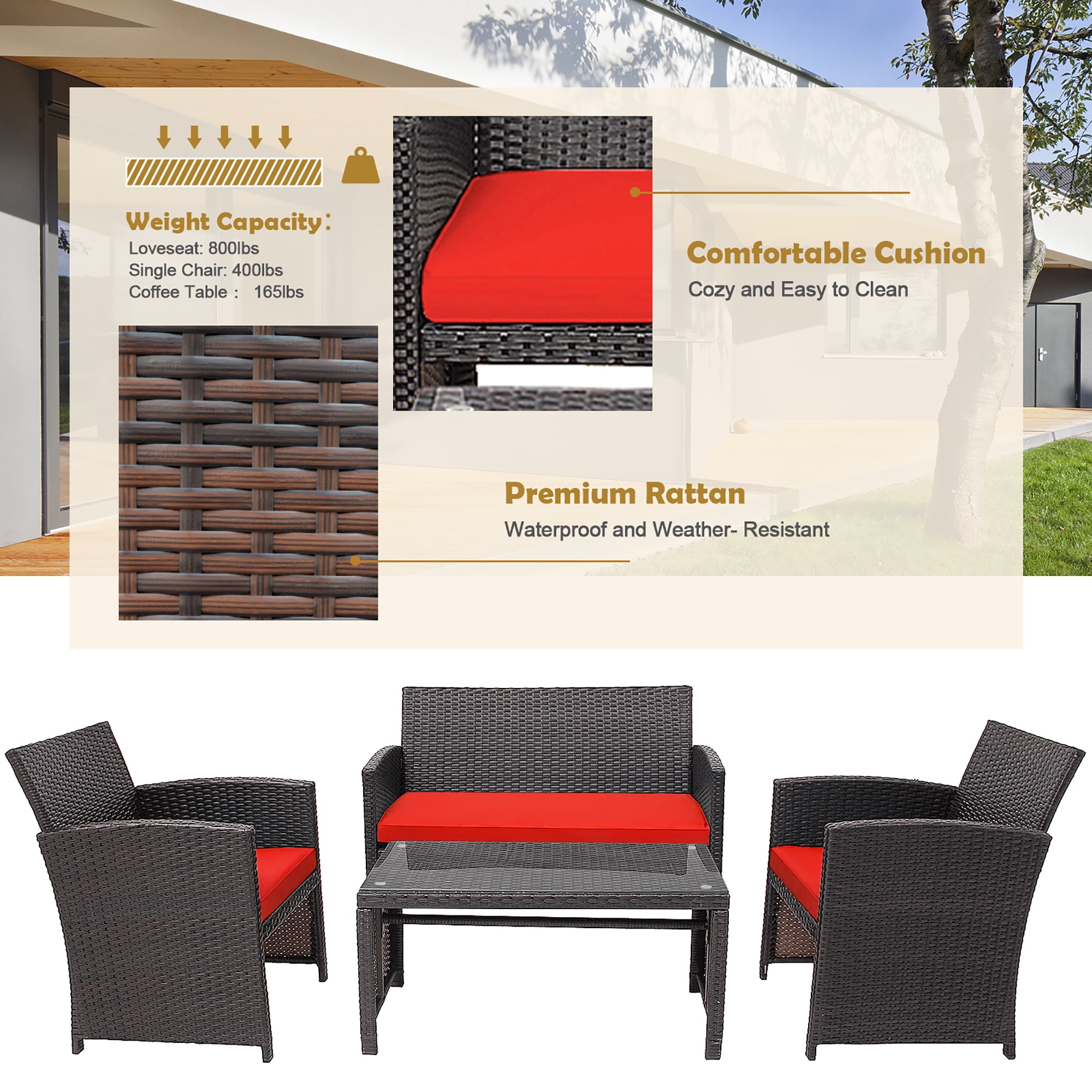 Costway 8PCS Patio Rattan Furniture Set Cushioned Chair Sofa Coffee Table Red