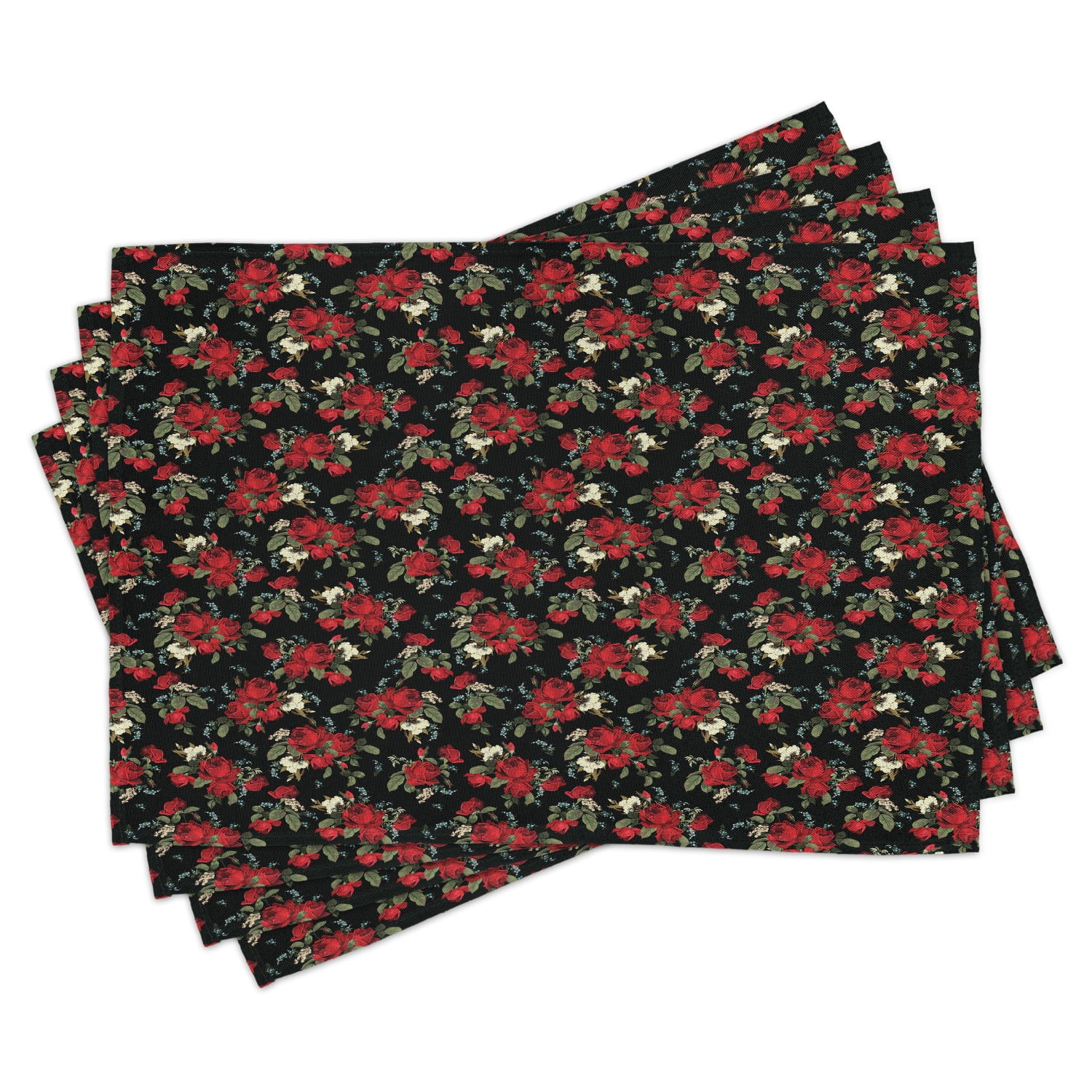 Red and Black Placemats Set of 4 Shabby Chic Garden Farm Flowers Leaves