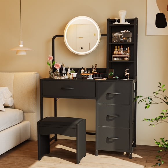 Yeshouse Tocador pequeño con espejo redondo iluminado y enchufe. Mesa de maquillaje con 4 cajones de tela y 3 estantes. Tocador para dormitorio