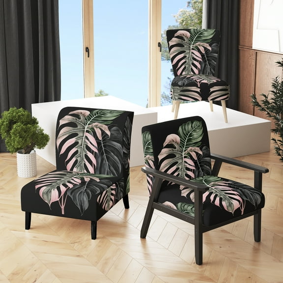 Designart "Graceful Pink and White Philodendron Leaf II" Black Floral Upholstered Accent Chair - Traditional Arm Chair For Living Room