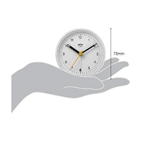 Braun Classic Analogue Alarm Clock with Snooze and Light, Quiet Quartz Movement, Crescendo Beep Alarm in White, model BC12W.