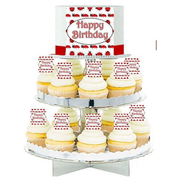 Happy Birthday Lady Bug Edible Photo Toppers & Edible Cupcake Decoration Kit