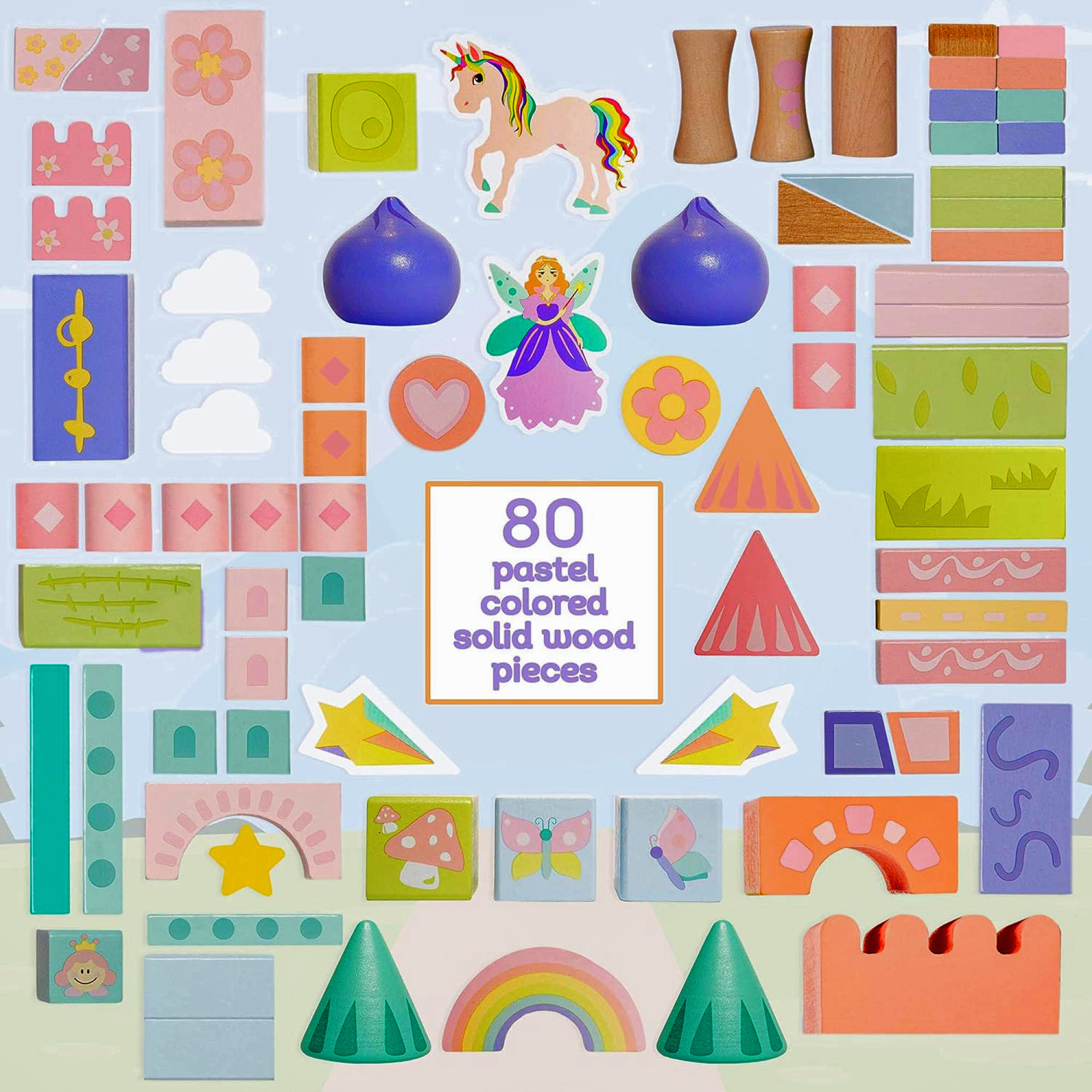 Fairytale Kingdom Wooden Building Blocks Set, 80-Piece Pastel Castle & Unicorn Building Toy for Kids Ages 3–8