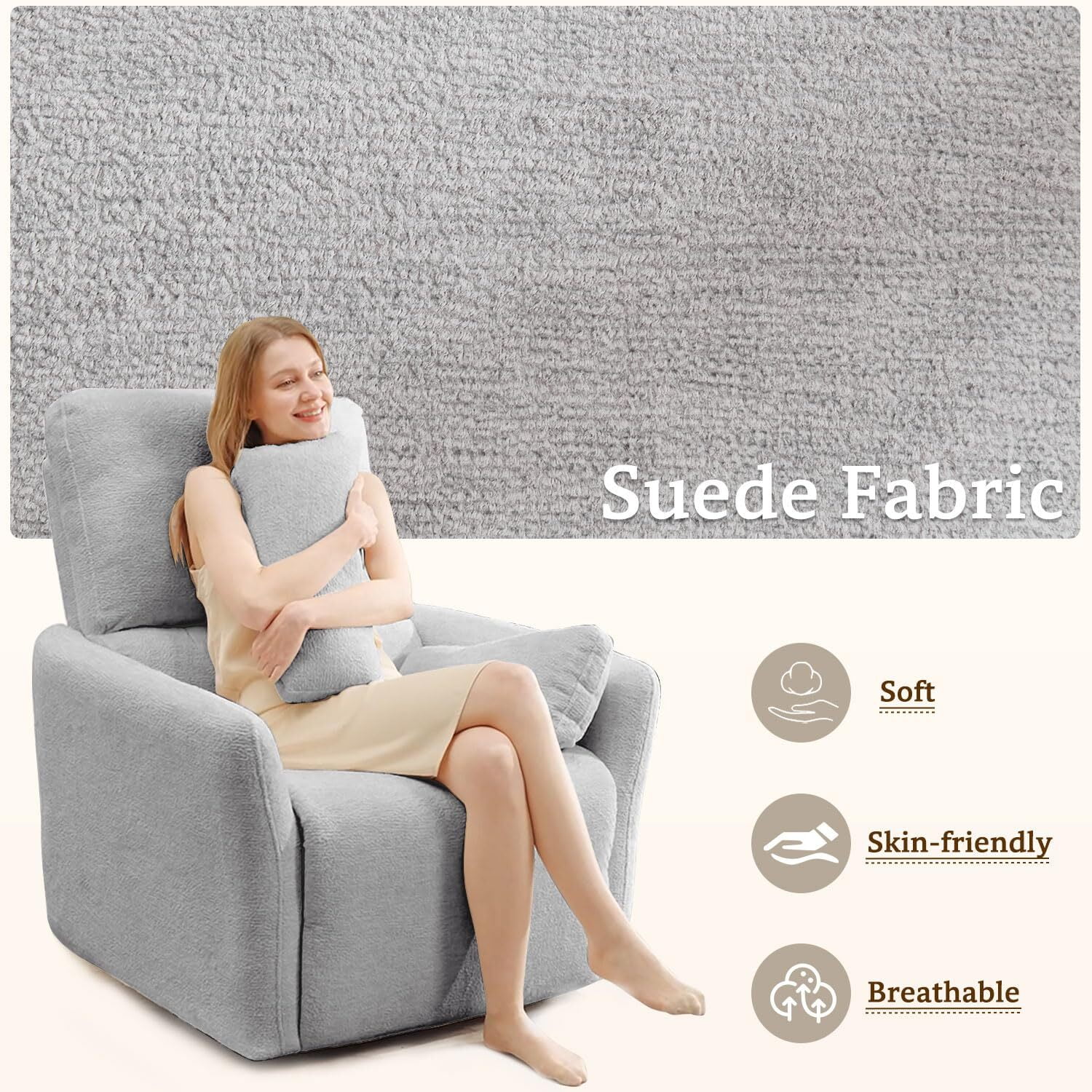 Power Swivel Rocker Recliner Chair with USB & Type-C Ports,Electric Glider Recliner with 2 Pillows,Suede,Gray