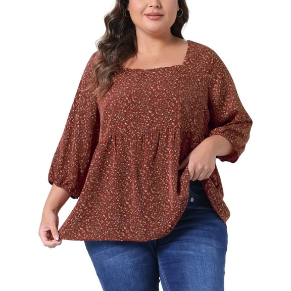 Agnes Orinda Women's Plus Size Babydoll Blouse Square Neck 3/4 Sleeve Floral Peplum Tops 3X Burgundy