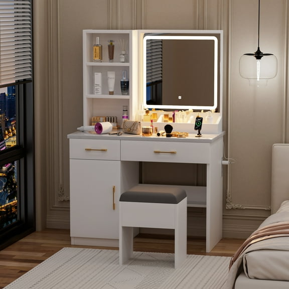 Makeup Vanity Desk with LED Mirror & 3 Lighting Modes - White Vanity Table with Power Outlet, Cabinet, Drawers & Shelves, Dressing Table Set with Storage Stool for Bedroom, Small Space, Girls Women