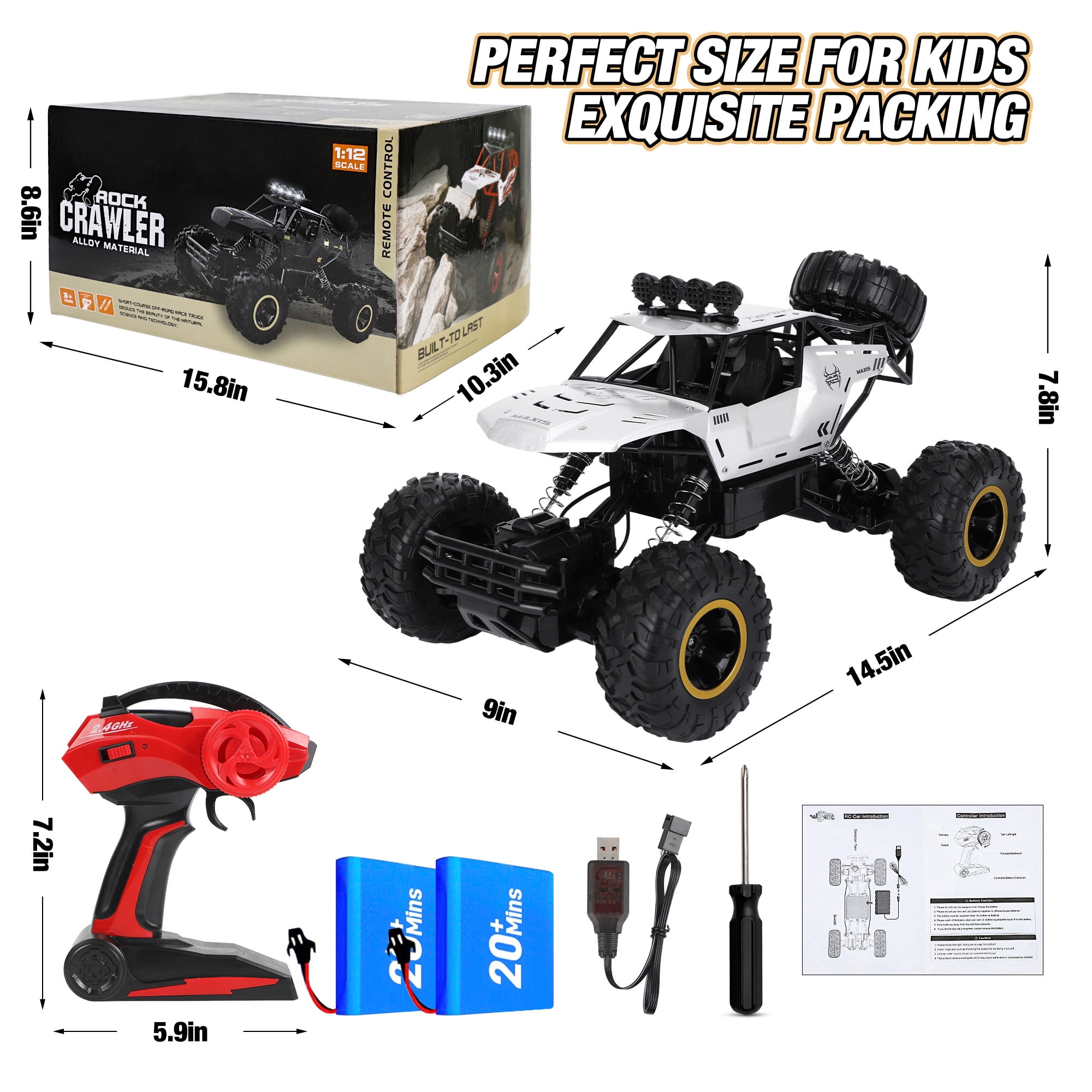 Wisairt 1:12 Large RC Cars, 4WD Large Remote Control Monster Truck 2.4 GHz Alloy RC Cars for Kids Adults Aged 6 + Birthday Gifts (Silver)