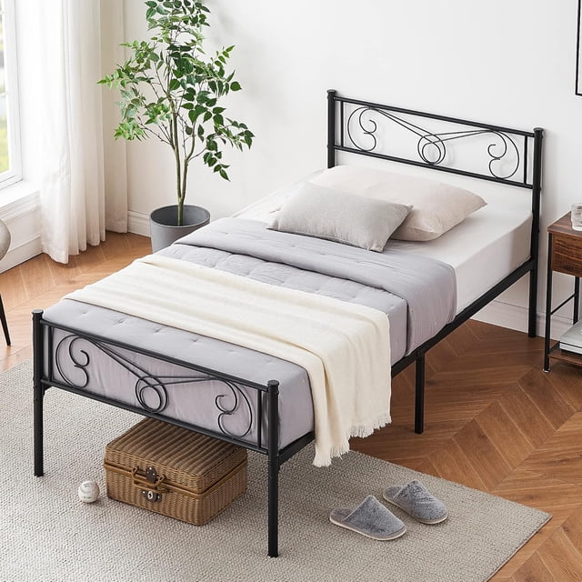 Negra tamaño individual size marco de cama con almacenamiento metal marco de cama con vintage pattern cabecero y footboard mattress foundation fácil montaje