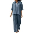 thumbnail image 2 of Mifsaly Linen Sets Women 2 Piece Lightweight Wide Leg Pants Button Down Collared Top Casual Work Summer Matching Outfit XL, 2 of 4
