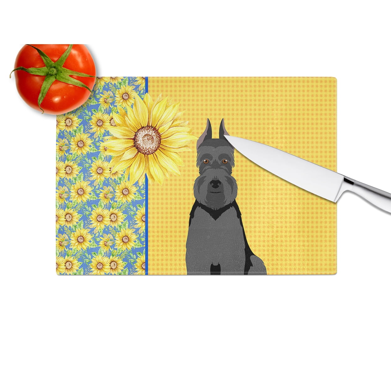 Summer Sunflowers Black Schnauzer Glass Cutting Board Large 12 in x 15 in