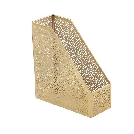 CosmoLiving by Cosmopolitan 12" Gold Metal Single Slot Floral Magazine Holder with Laser Carved Design