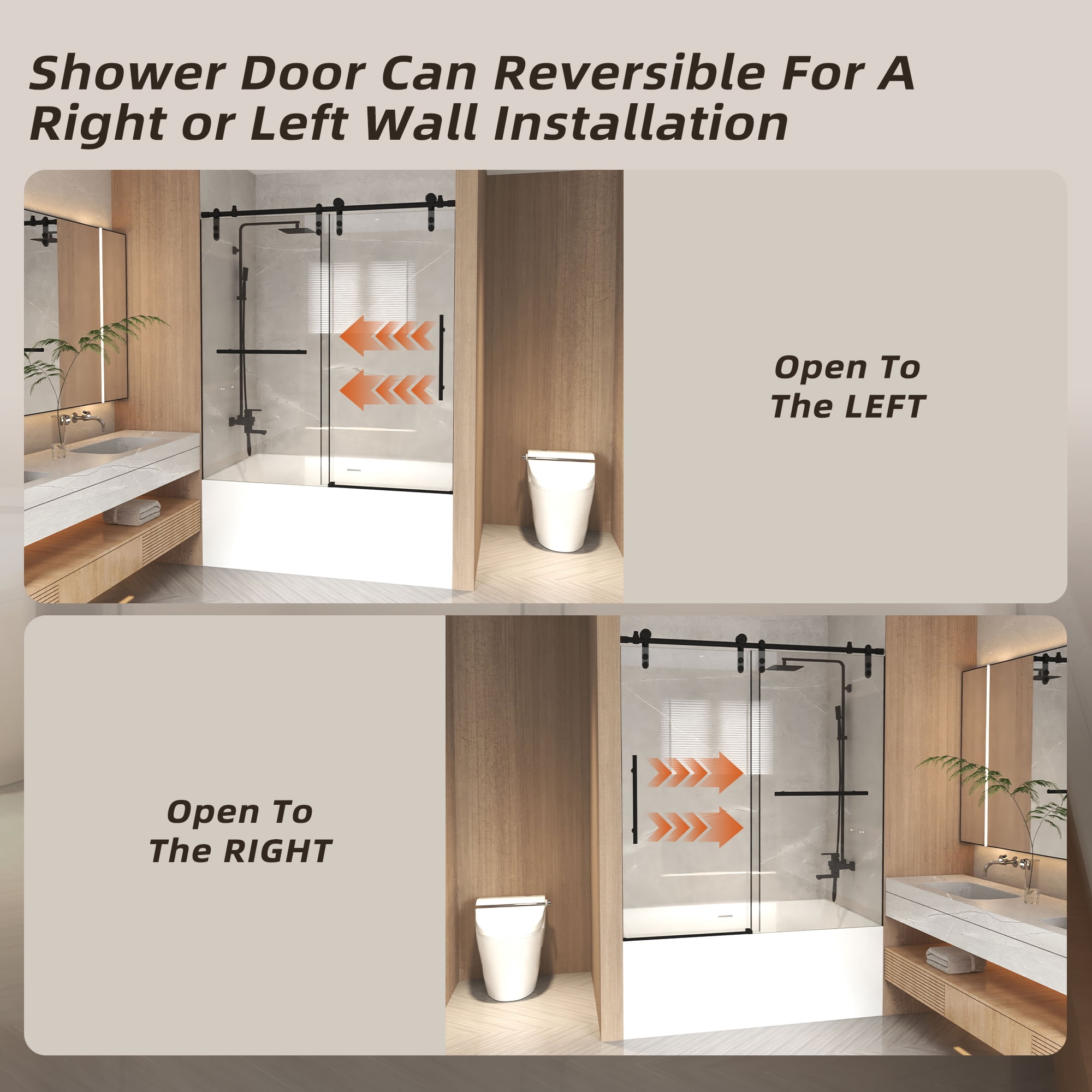 Leumius 56-60" x 66" H Frameless Sliding Shower Door,5/16" Clear Tempered Glass Sliding Shower Door,Stainless Steel Frame,Matte Black