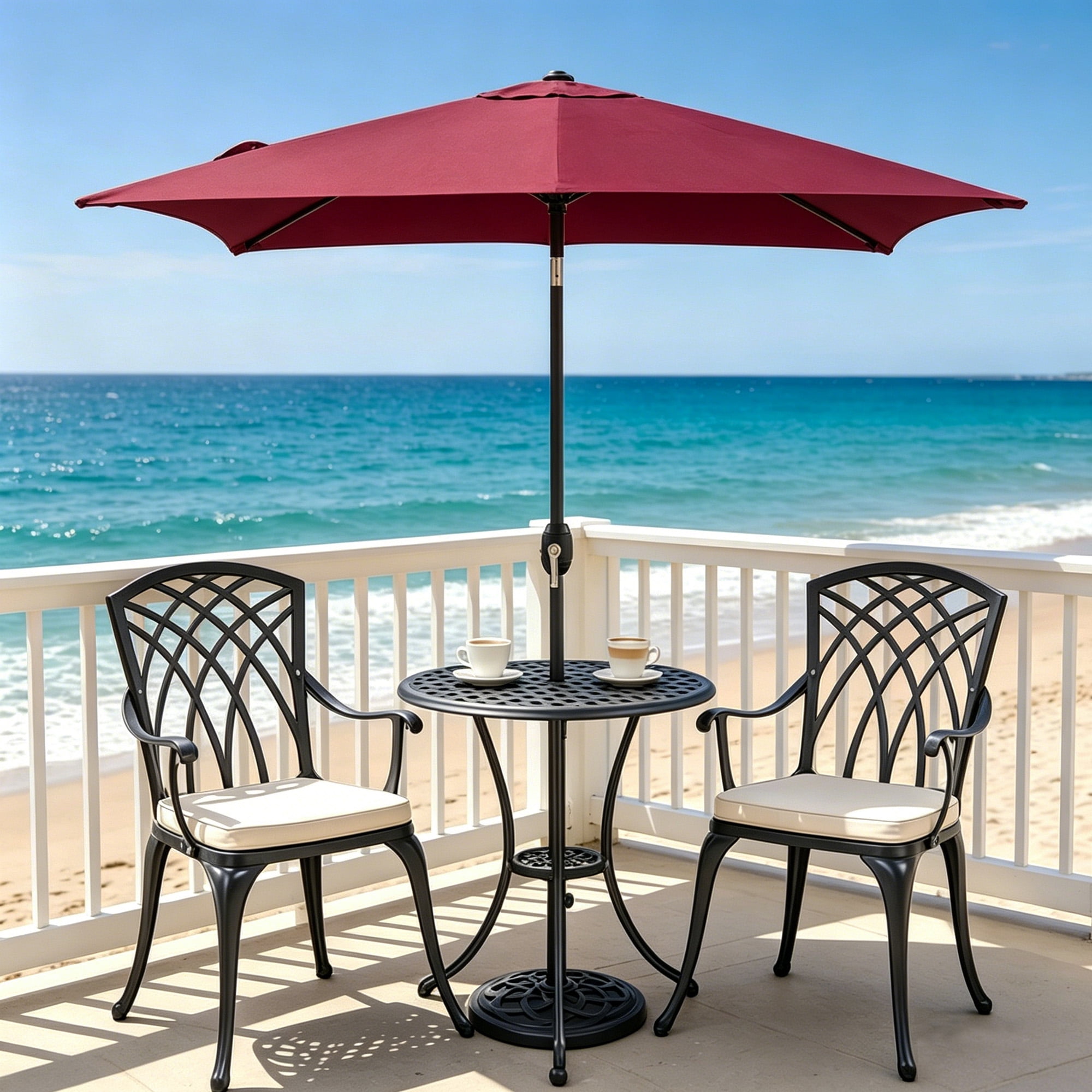 Kool 6.5 ft Square Outdoor Patio Market Umbrella with Push Button Tilt and Crank Handle, Burgundy