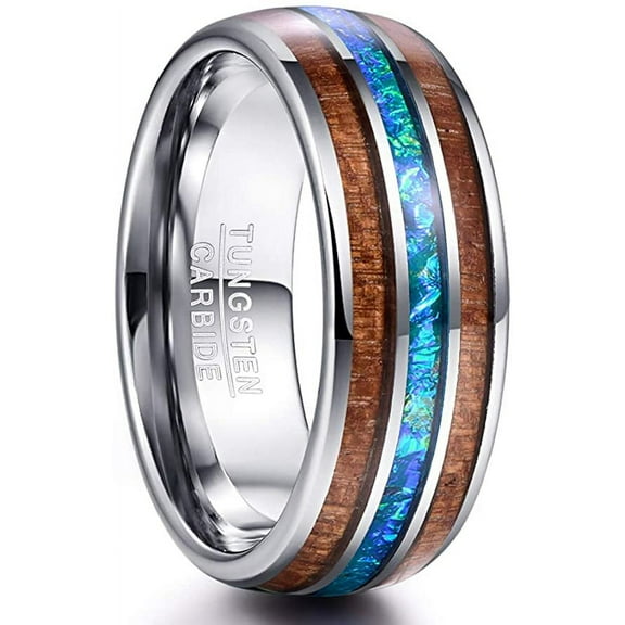 8mm Hawaiian Koa Wood Tungsten Rings Dome Abalone Shell/Blue Center Wedding Bands for Men Women Comfort Fit Size 6 to 14