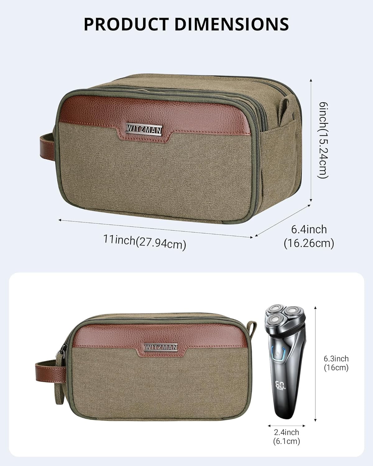 WITZMAN Canvas Toiletry Bag for Men Large Capacity Hanging Dopp Kit for Men Leather Toiletries Water-Resistant Bathroom Bag(A8002 Army Green)