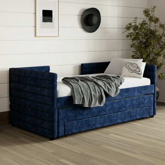 MAYEERTY Twin Upholstered Daybed Trundle 3 Drawers Chenille Sofa Bed for Guest Room Living Room Dark Blue