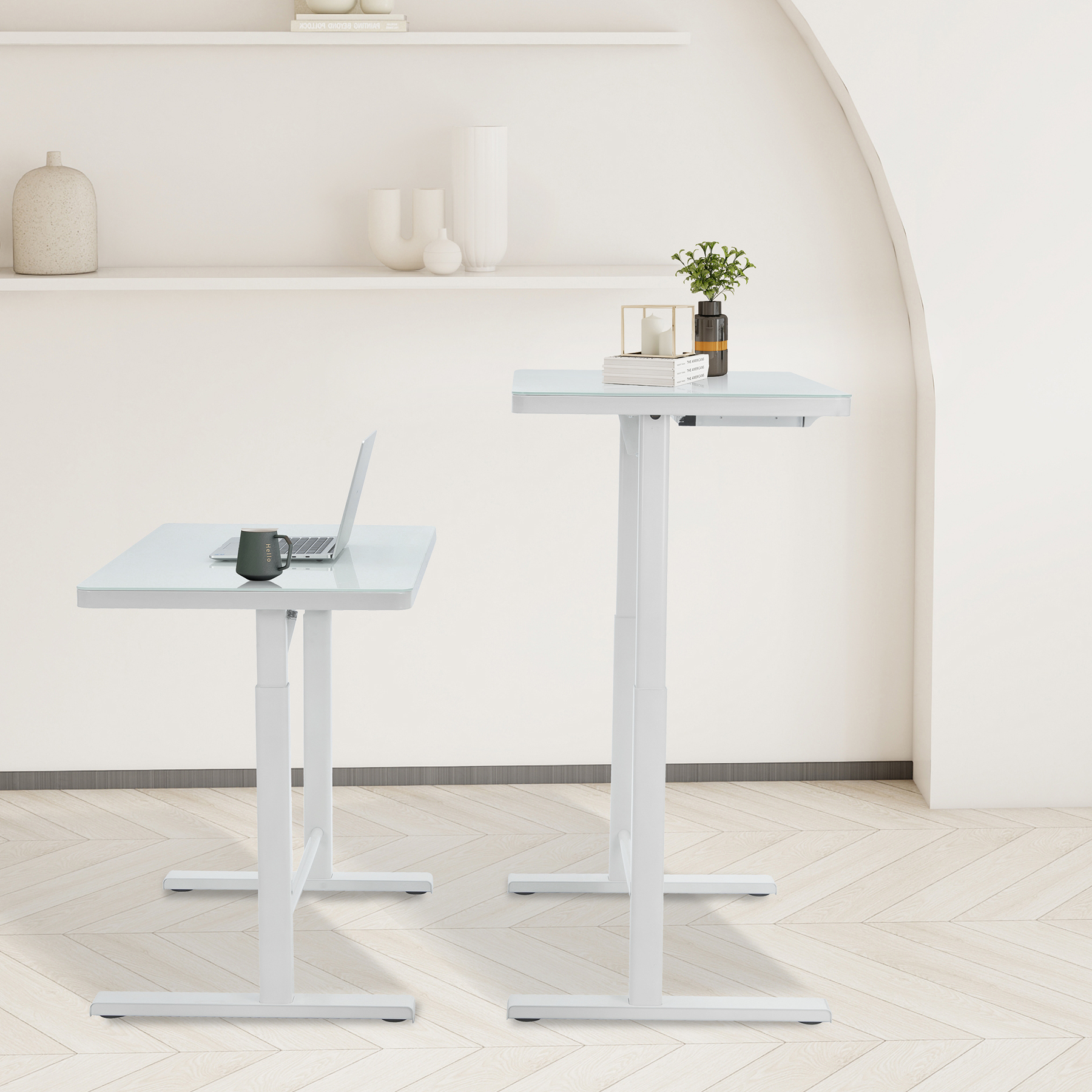 Rise Up Glass Electric Standing Desk | 45" White Glass Top Adjustable Height Sit Stand Desk with USB-C Charging & Memory Controls