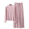 thumbnail image 2 of pstuiky Two Piece Sets for Women Summer Summer Solid Color Lace Sleepwear with Pants Leisure Loose Fit Crew Neck Long Sleeve Pajamas Plus Size Sleepwear Pink M, 2 of 4