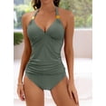 thumbnail image 2 of Halter V Neck Two Piece Set Tankini Solid Color Stretchy High Cut Swimsuits Women's Swimwear & Clothing, 2 of 9