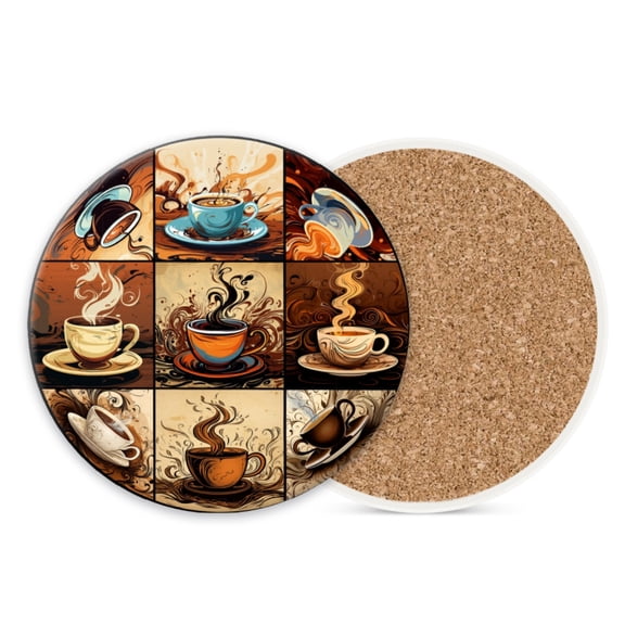 Ceramic Stone Cork Drink Coasters Set of 1, Coffee Cups Round Absorbent Non-Slip Durable Genuine Cork Stuffers Coasters for Coffee Bar Kitchen Office (4*4 Inch)