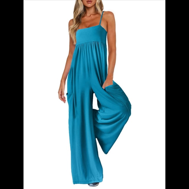 de Verano para Mujer, de una Pieza, con Tirantes Finos y Pierna , con Bolsillos Azul XL