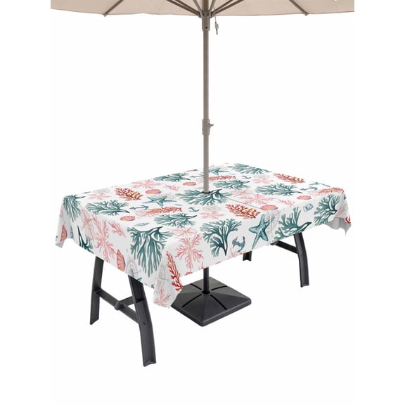 Outdoor Tablecloth with Umbrella Hole and Zipper, Coral Coastal Rectangle Table Cloth 60x84 Inch Waterproof Tablecloth, Blue Red Nautical Summer Beach Ocean Picnic Table Cover for Patio Camping