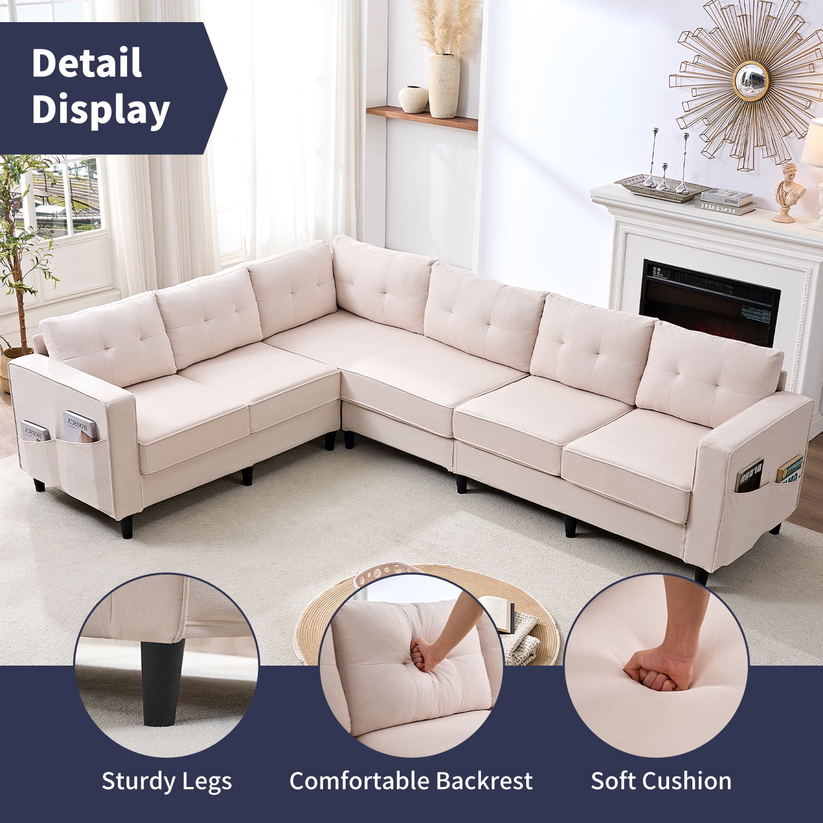 ZAFLY L Shaped Sectional Couch, Corner Couches and Sofas with Side Pockets, Sectionals for Living Room - Beige
