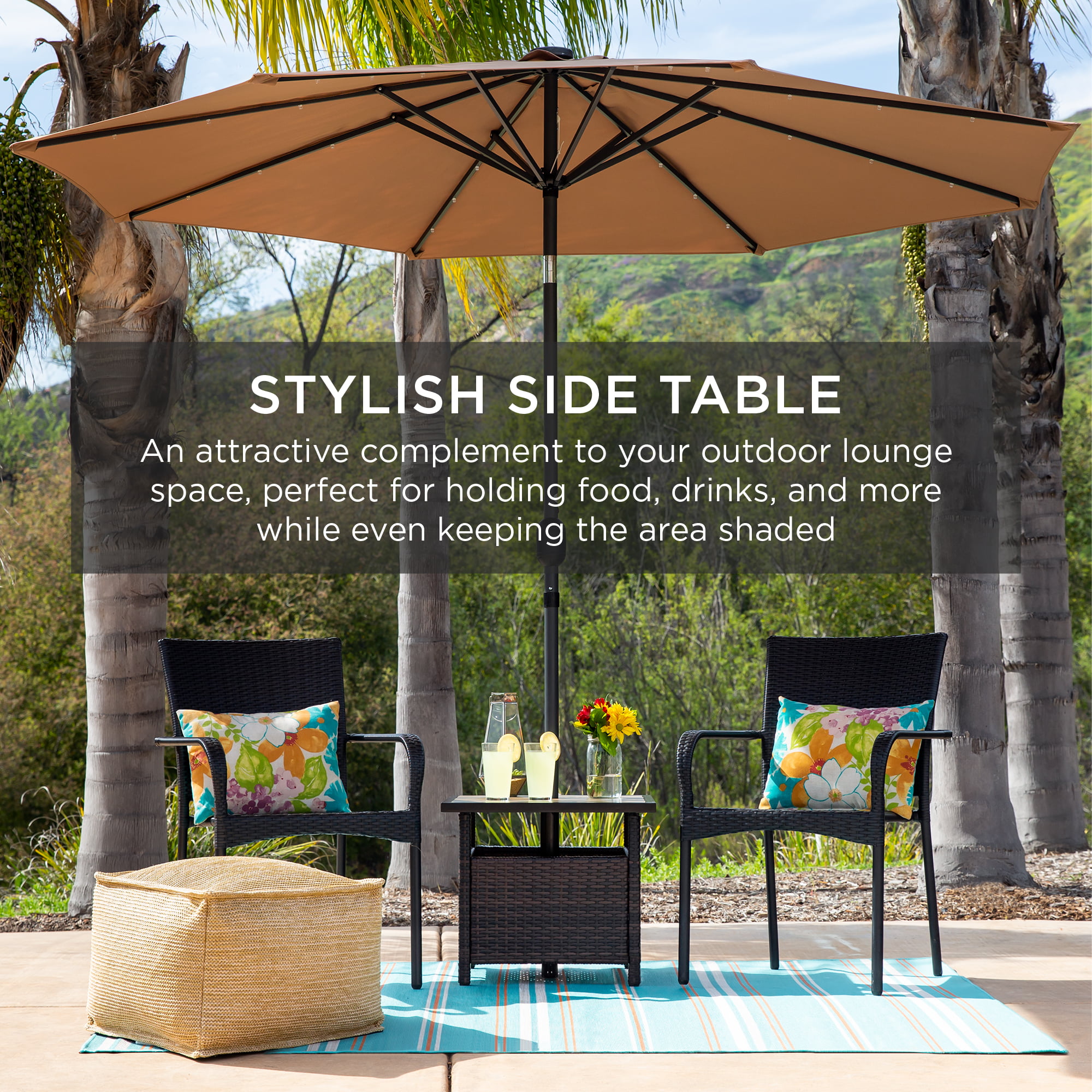 ReunionG Patio Umbrella Side Table Rattan Wicker Stand Table with Umbrella Hole Steel for Outdoor Deck Garden Pool