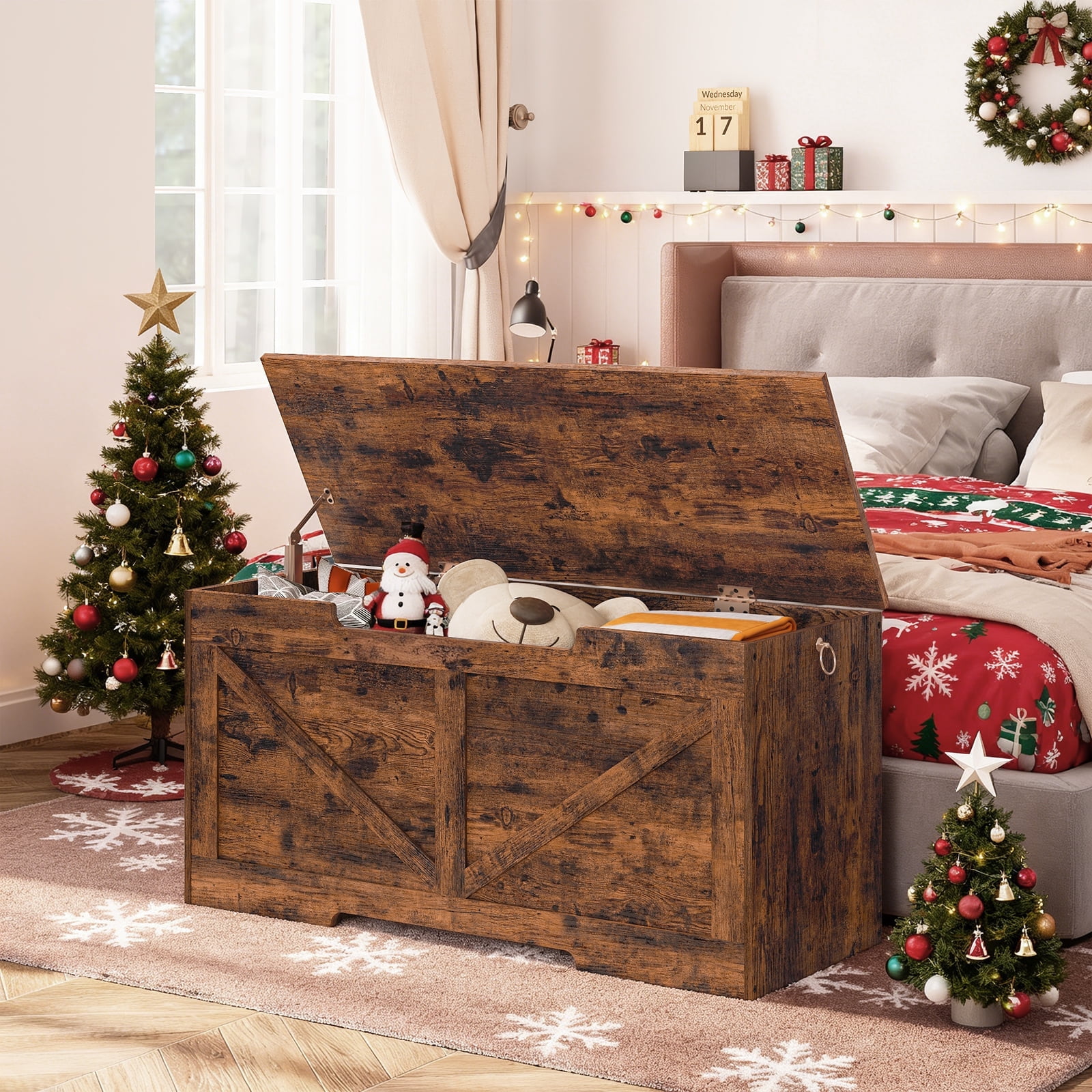 HOOBRO 39.4" Storage Chest Retro Toy Box Organizer with Safety Hinge Rustic Brown